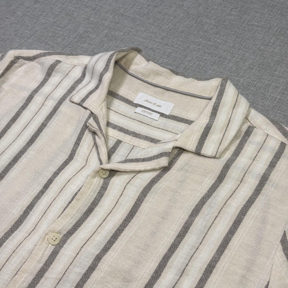 Porter & Ash Linen Button-Up Shirt Mens Medium Beige Short Sleeve Striped